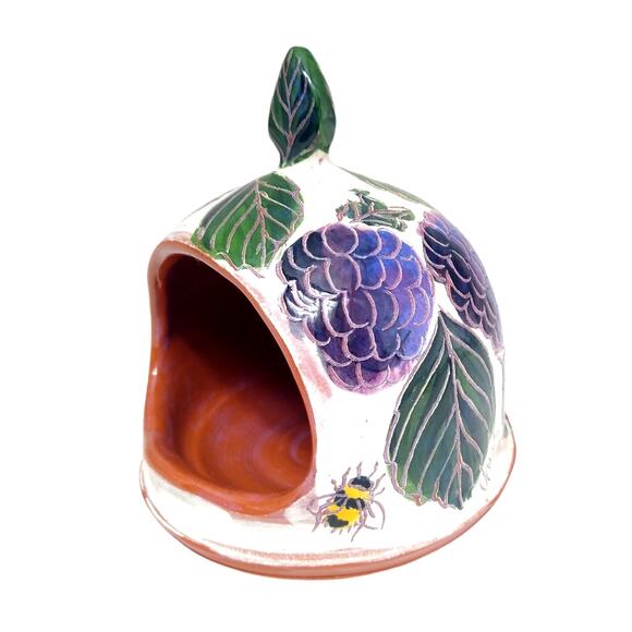 Artist Signed Christy Terracotta Bumble Bee and Grapes Tea Light Candle Holder - Picture 1 of 8